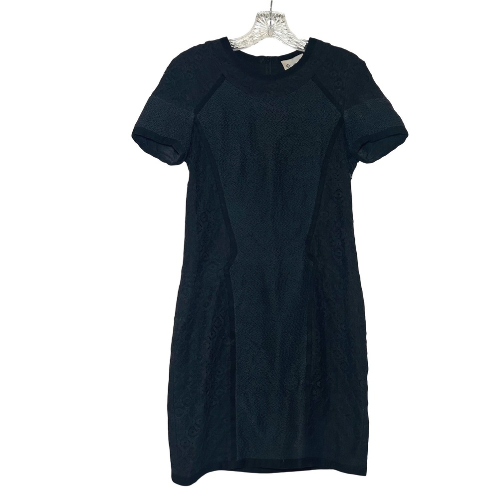 Sea New York Black Lace Mixed Media Textured Sheath Dress Size 6 Short Sleeve